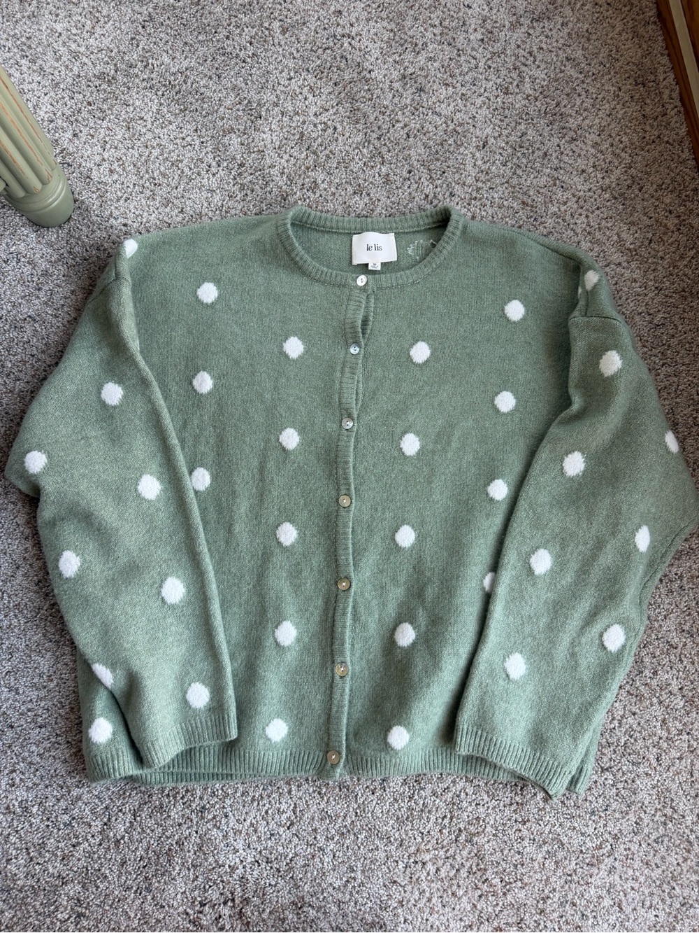le lis Green Polka Dot Crewneck Cardigan Sweater